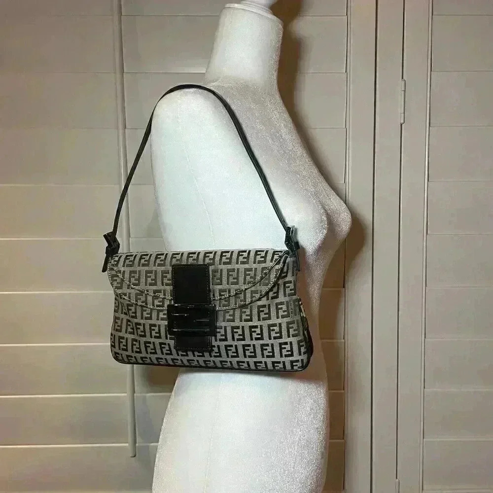 FENDI Zucchino Monogram Double Flap Baguette Shoulder Bag Brown FF Vintage Y2K - Picture 3 of 16
